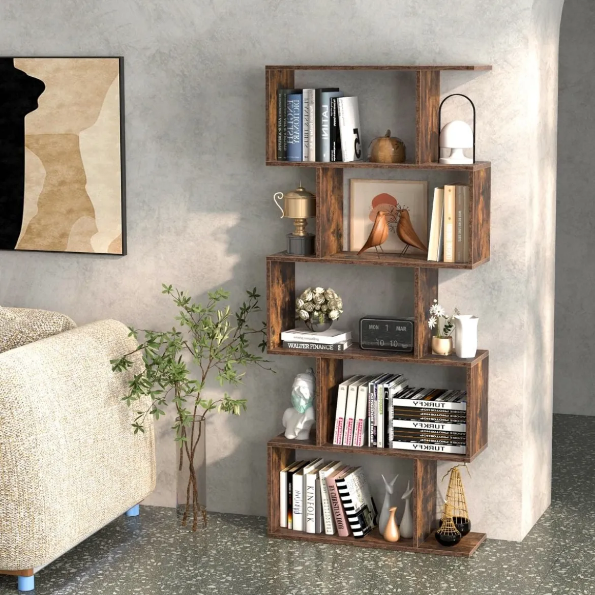 Bücherregal aus Holz mit 5 Ebenen & Kippschutz Freistehender Raumteiler Standregal Vintagebraun