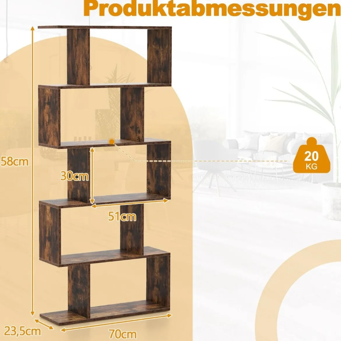 Bücherregal aus Holz mit 5 Ebenen & Kippschutz Freistehender Raumteiler Standregal Vintagebraun