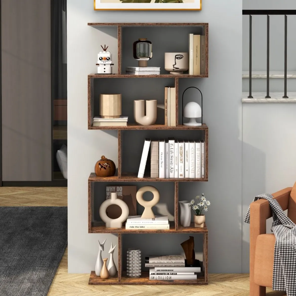 Bücherregal aus Holz mit 5 Ebenen & Kippschutz Freistehender Raumteiler Standregal Vintagebraun