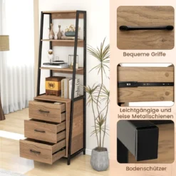 Bücherregal Büroregal mit 3 Schubladen & 4 offenen Regalen 51 x 40 x 175 cm Natur + Schwarz