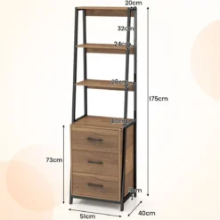 Bücherregal Büroregal mit 3 Schubladen & 4 offenen Regalen 51 x 40 x 175 cm Natur + Schwarz