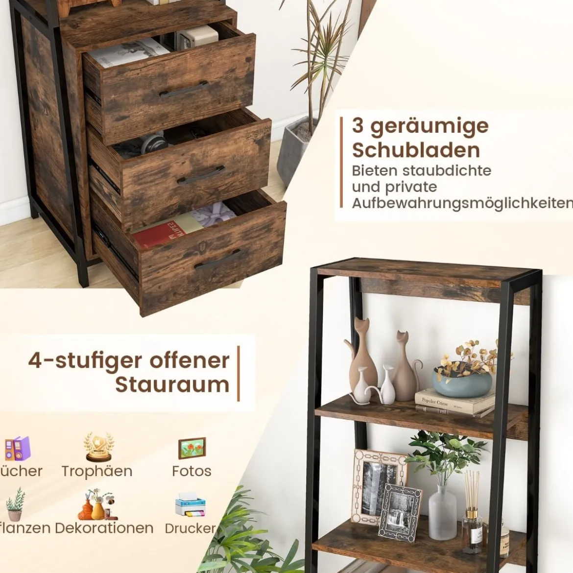 Bücherregal Büroregal mit 3 Schubladen & 4 offenen Regalen 51 x 40 x 175 cm Rustikales Braun + Schwarz