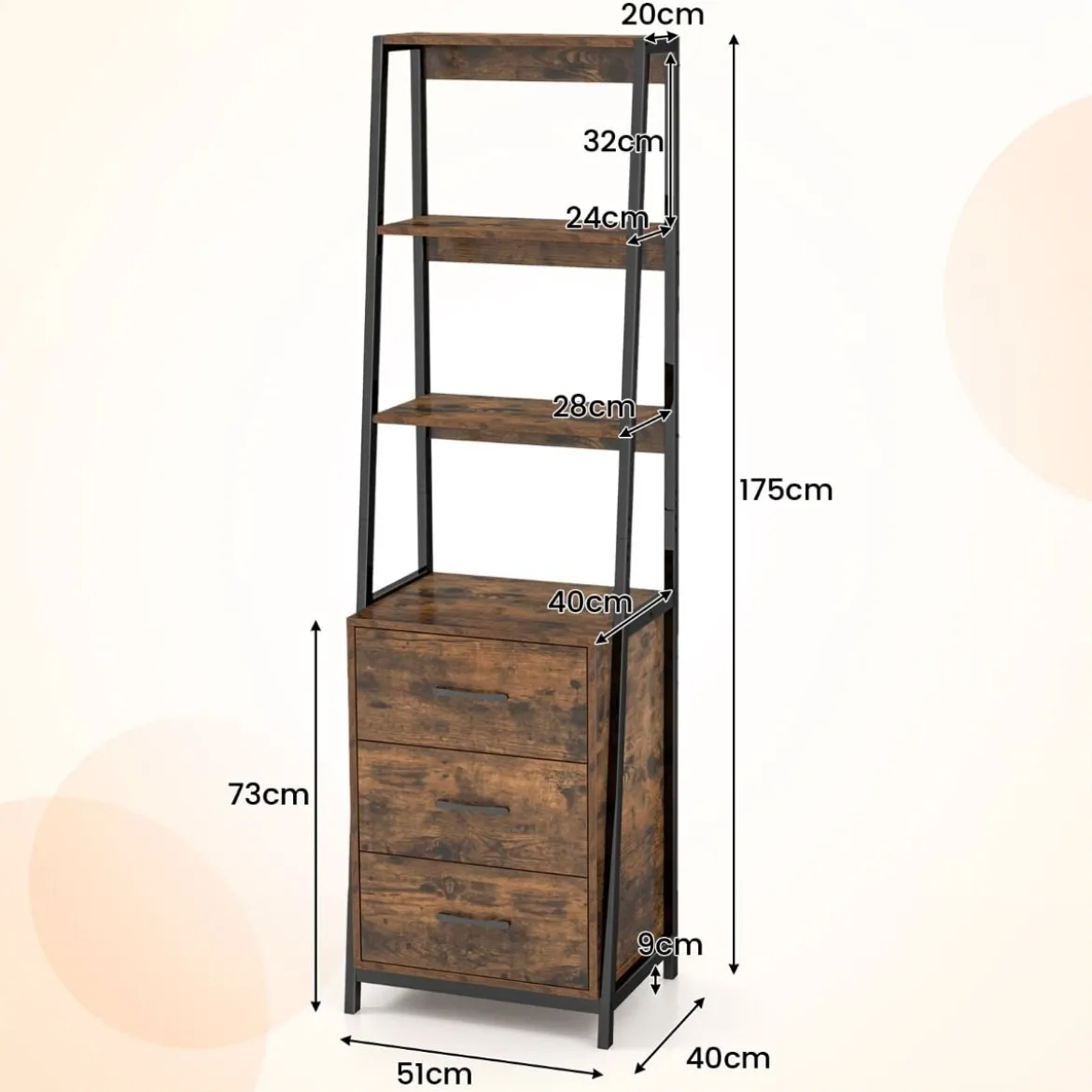 Bücherregal Büroregal mit 3 Schubladen & 4 offenen Regalen 51 x 40 x 175 cm Rustikales Braun + Schwarz