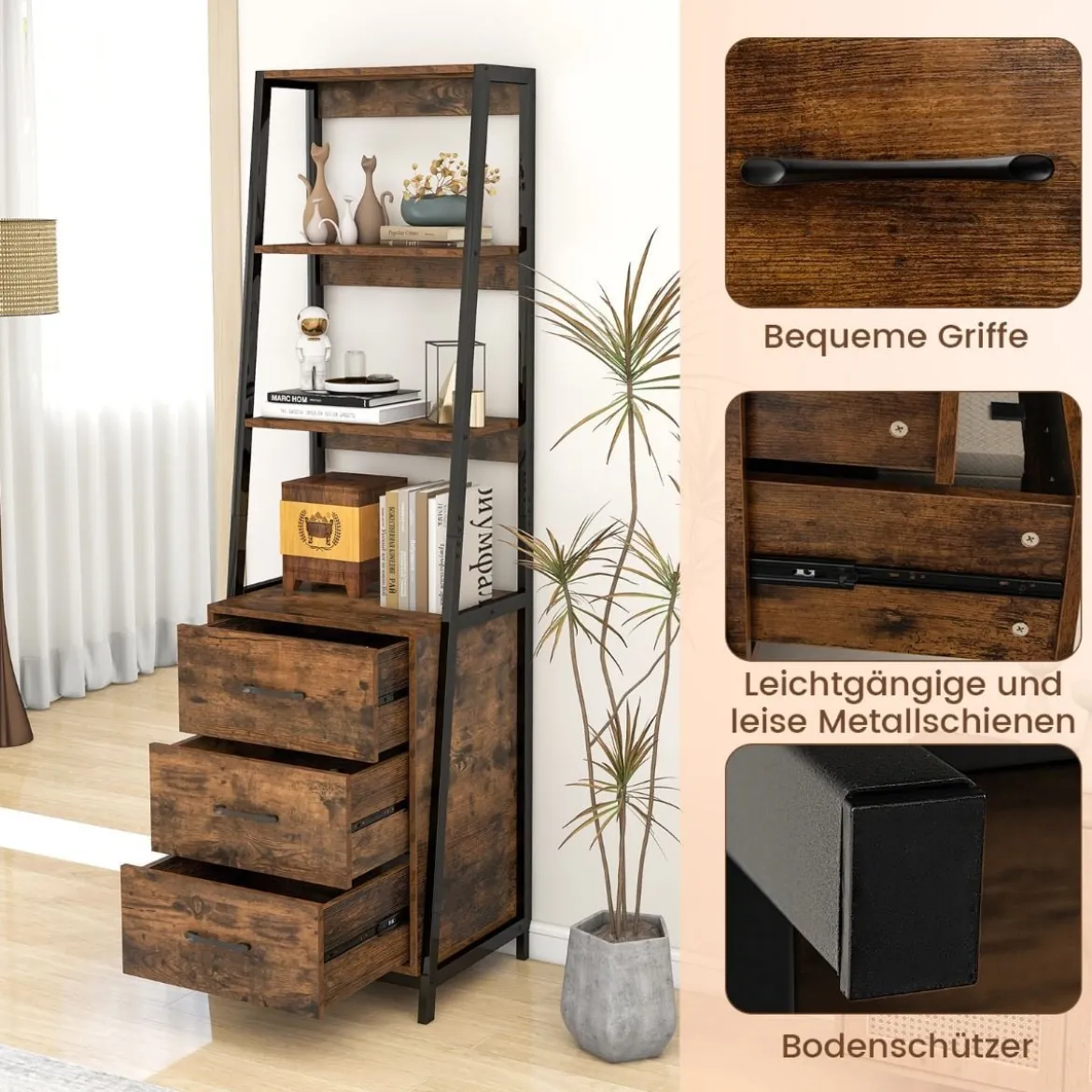 Bücherregal Büroregal mit 3 Schubladen & 4 offenen Regalen 51 x 40 x 175 cm Rustikales Braun + Schwarz