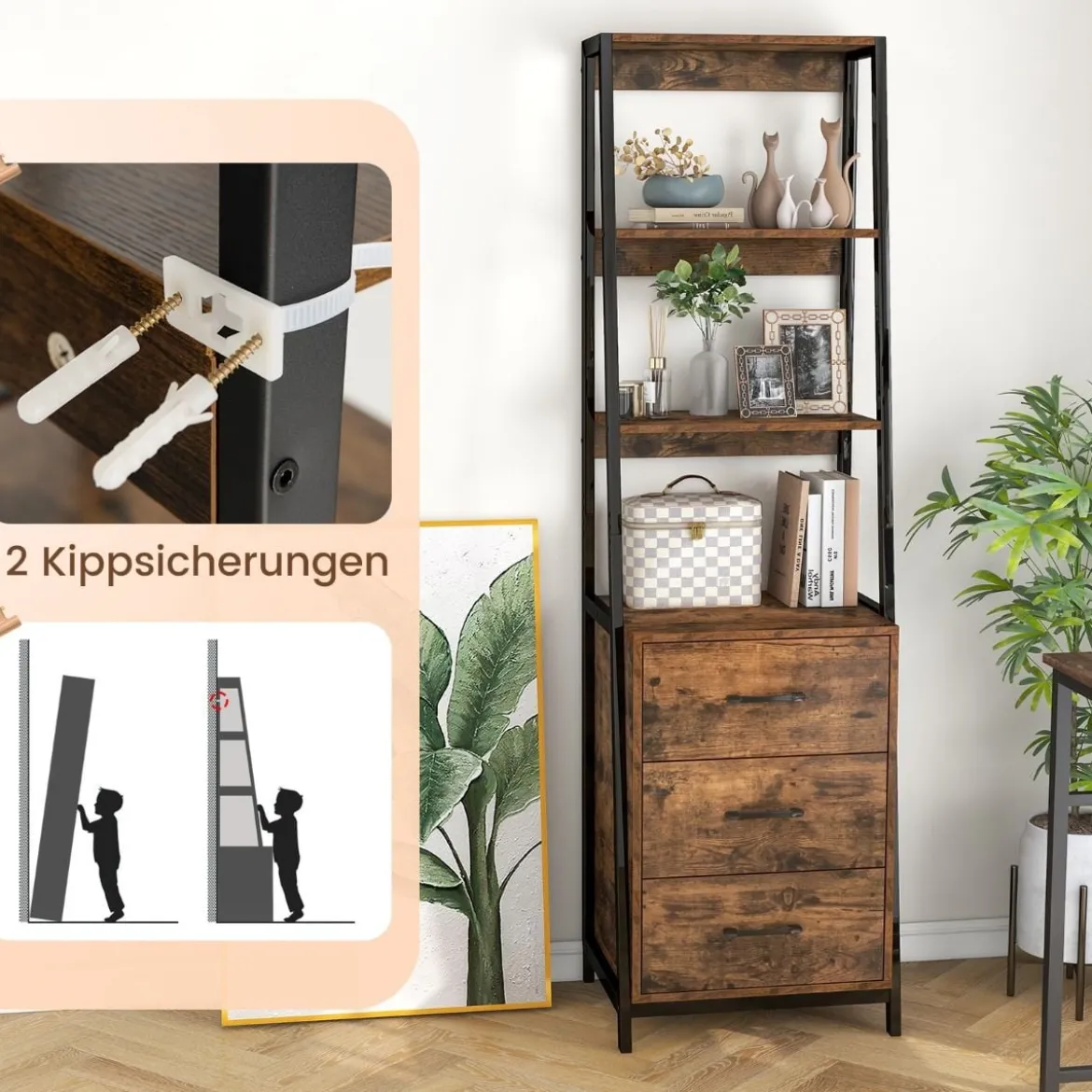 Bücherregal Büroregal mit 3 Schubladen & 4 offenen Regalen 51 x 40 x 175 cm Rustikales Braun + Schwarz