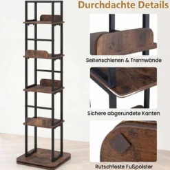 Bücherregal 360° Drehbares Standregal mit 5 Offenen Ebenen Freistehendes Aufbewahrungsregal mit Metallrahmen Braun