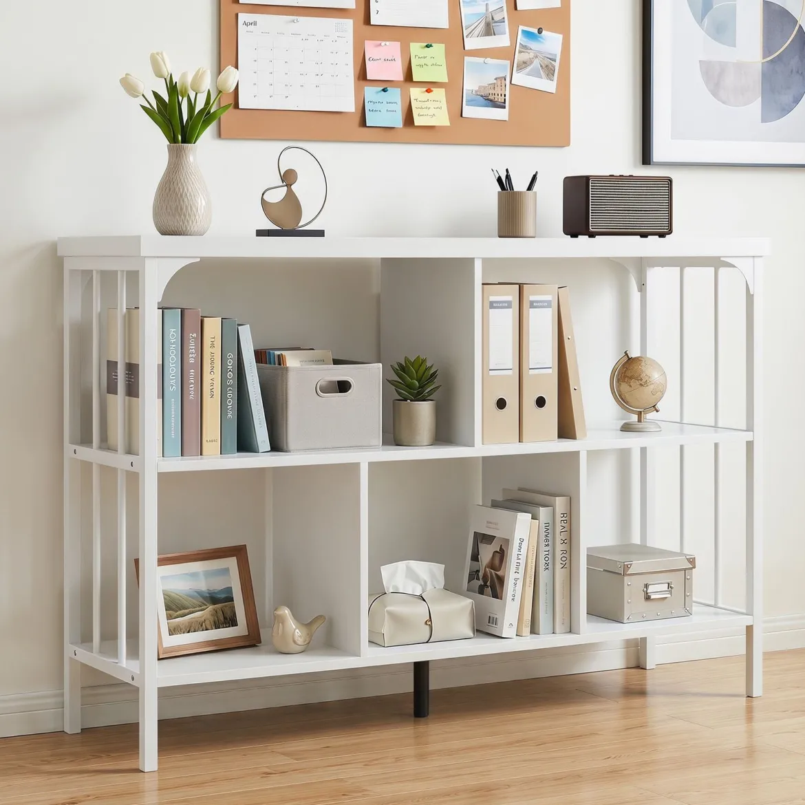 Bücherregal 3 Ebenen Standregal mit 5 Offenen Fächern & Seitlichen Schutzstreben 109 x 34 x 76 cm Weiß