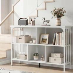Bücherregal 3 Ebenen Standregal mit 5 Offenen Fächern & Seitlichen Schutzstreben 109 x 34 x 76 cm Weiß