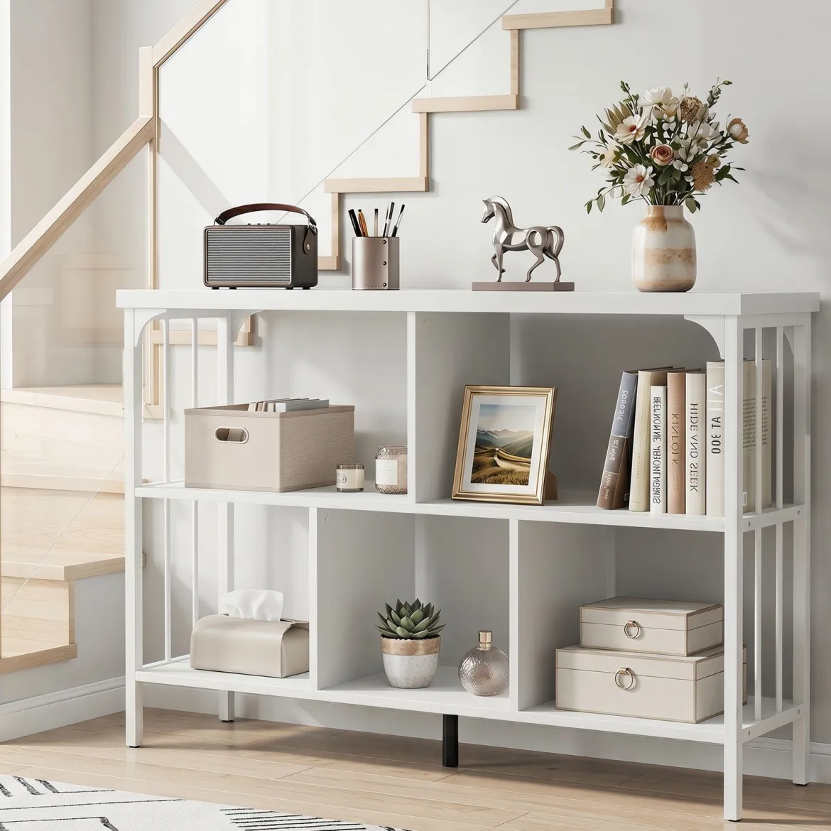 Bücherregal 3 Ebenen Standregal mit 5 Offenen Fächern & Seitlichen Schutzstreben 109 x 34 x 76 cm Weiß