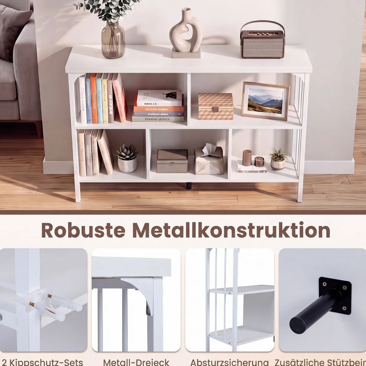 Bücherregal 3 Ebenen Standregal mit 5 Offenen Fächern & Seitlichen Schutzstreben 109 x 34 x 76 cm Weiß