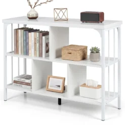 Bücherregal 3 Ebenen Standregal mit 5 Offenen Fächern & Seitlichen Schutzstreben 109 x 34 x 76 cm Weiß