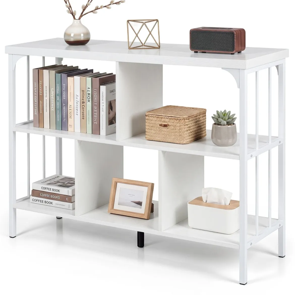 Bücherregal 3 Ebenen Standregal mit 5 Offenen Fächern & Seitlichen Schutzstreben 109 x 34 x 76 cm Weiß