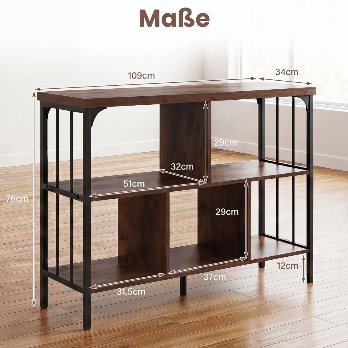 Bücherregal 3 Ebenen Standregal mit 5 Offenen Fächern & Seitlichen Schutzstreben 109 x 34 x 76 cm Braun