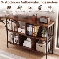 Bücherregal 3 Ebenen Standregal mit 5 Offenen Fächern & Seitlichen Schutzstreben 109 x 34 x 76 cm Braun