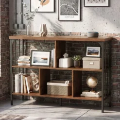 Bücherregal 3 Ebenen Standregal mit 5 Offenen Fächern & Seitlichen Schutzstreben 109 x 34 x 76 cm Braun