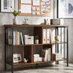 Bücherregal 3 Ebenen Standregal mit 5 Offenen Fächern & Seitlichen Schutzstreben 109 x 34 x 76 cm Braun