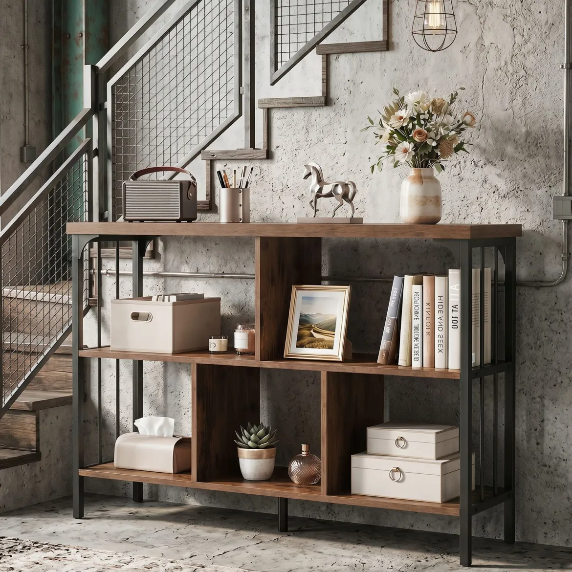 Bücherregal 3 Ebenen Standregal mit 5 Offenen Fächern & Seitlichen Schutzstreben 109 x 34 x 76 cm Braun