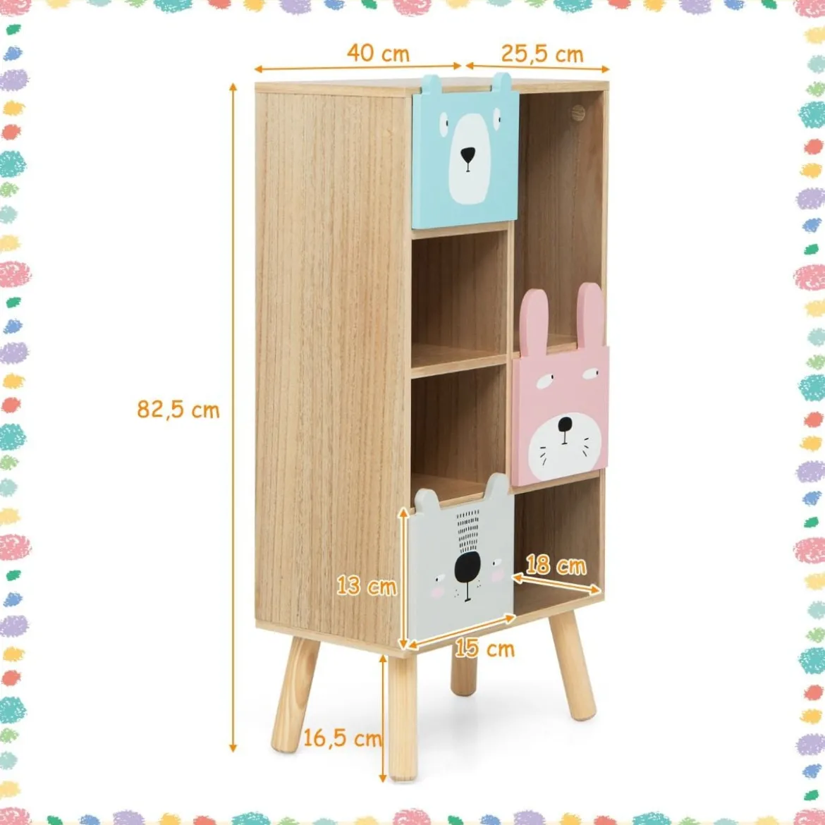 Bücherregal für Kinder Kinderzimmerschrank mit 3 Schubladen aus Holz 40 x 25,5 x 82,5 cm Natur
