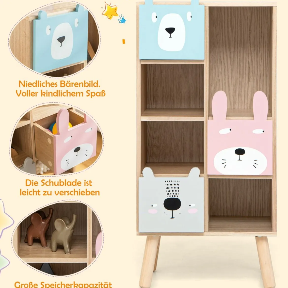 Bücherregal für Kinder Kinderzimmerschrank mit 3 Schubladen aus Holz 40 x 25,5 x 82,5 cm Natur