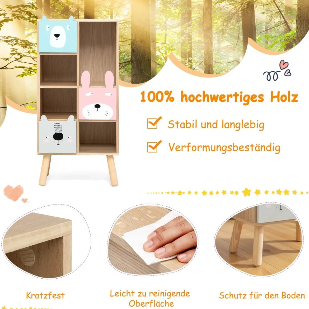 Bücherregal für Kinder Kinderzimmerschrank mit 3 Schubladen aus Holz 40 x 25,5 x 82,5 cm Natur