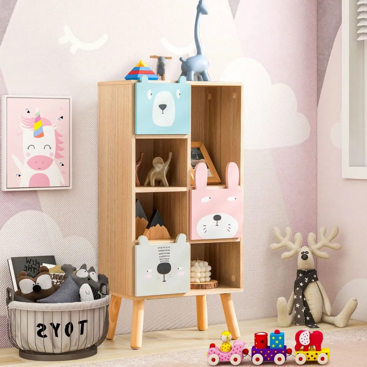 Bücherregal für Kinder Kinderzimmerschrank mit 3 Schubladen aus Holz 40 x 25,5 x 82,5 cm Natur