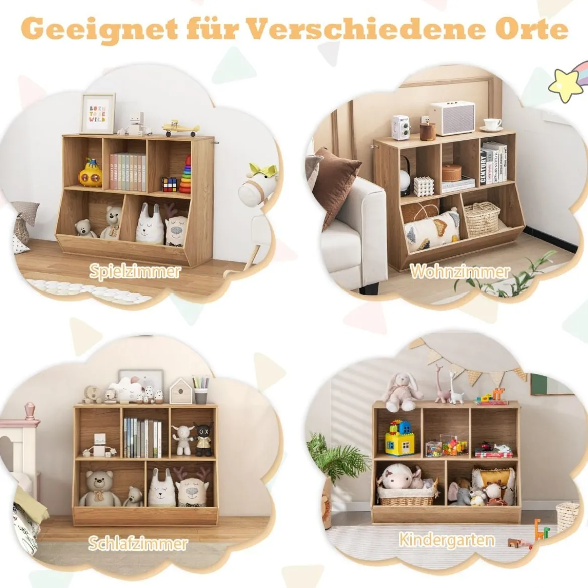 Bücherregal für Kinder mit 5 Würfelfächern Kinderregal aus Holz mit Kippsicherungen Natur