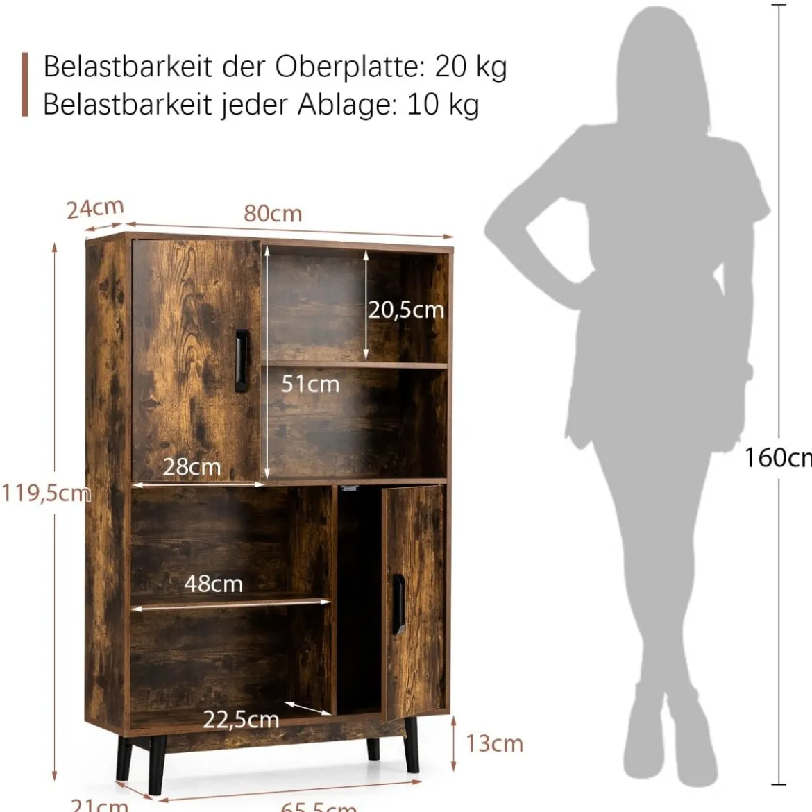 Bücherregal Holz Aufbewahrungsschrank mit Türen und offene Regale 80 x 24 x 120 cm Kaffee