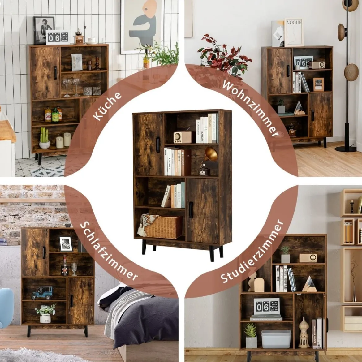 Bücherregal Holz Aufbewahrungsschrank mit Türen und offene Regale 80 x 24 x 120 cm Kaffee