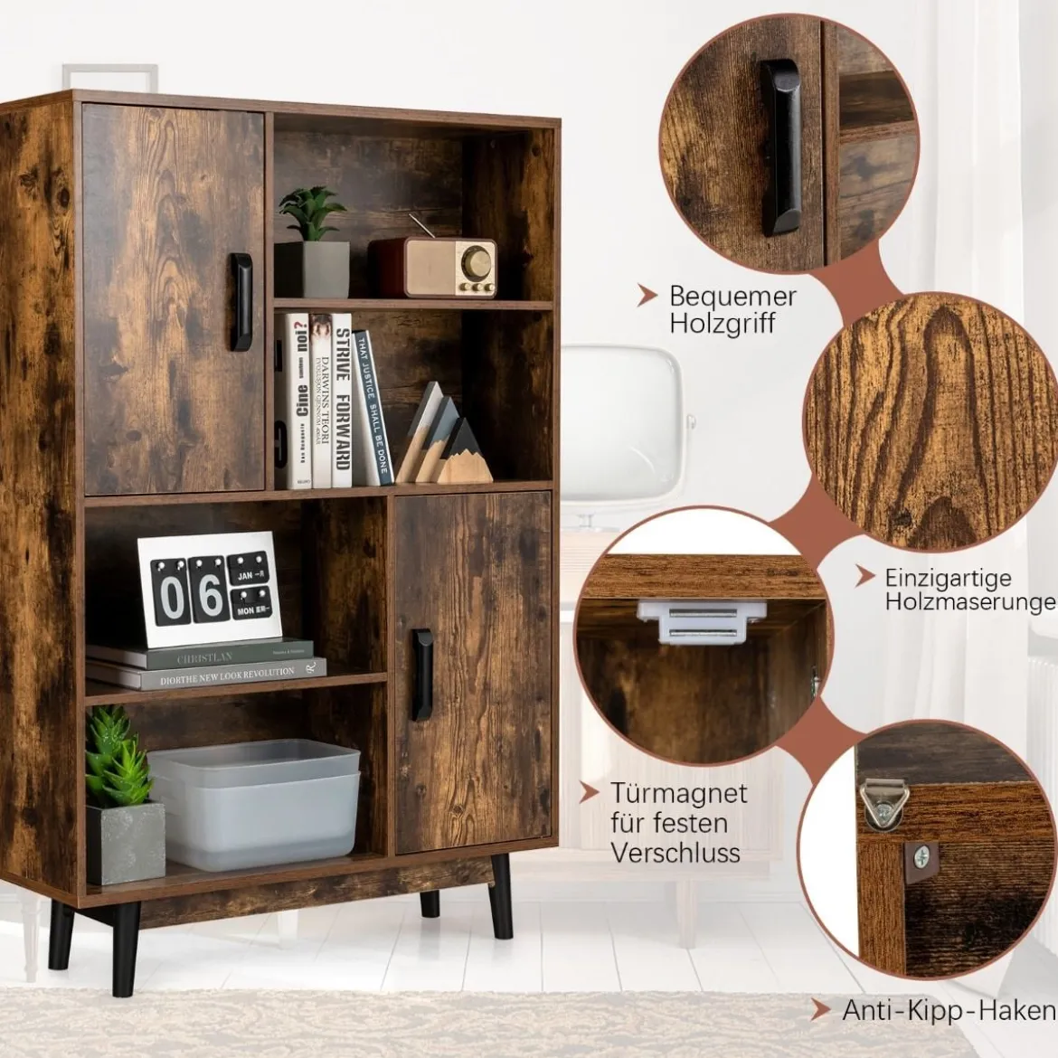 Bücherregal Holz Aufbewahrungsschrank mit Türen und offene Regale 80 x 24 x 120 cm Kaffee