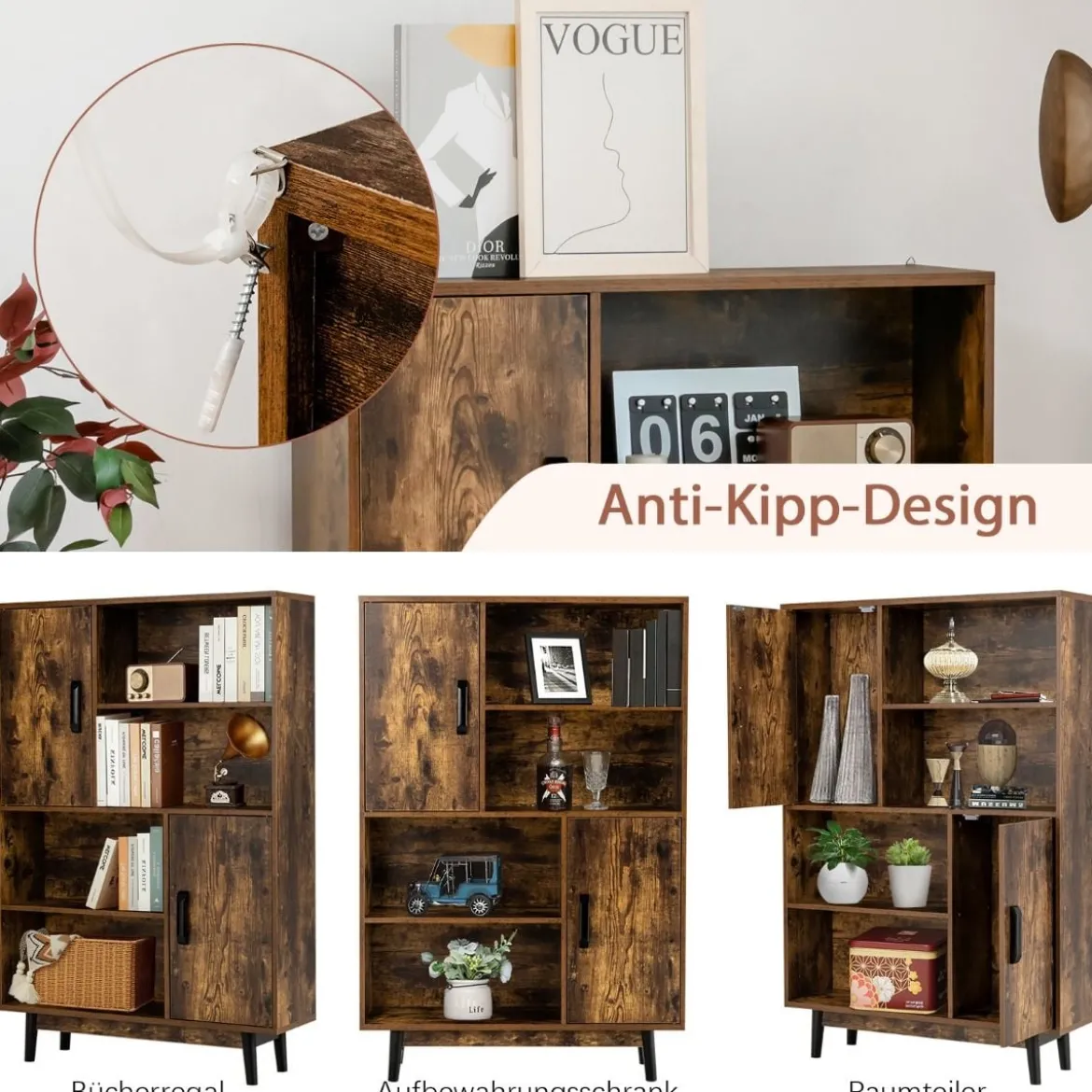 Bücherregal Holz Aufbewahrungsschrank mit Türen und offene Regale 80 x 24 x 120 cm Kaffee