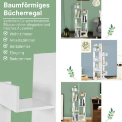 Bücherregal im Baumform mit 8 Fächern Standregal Aufbewahrungsregal 50 x 25 x 145 cm Weiß