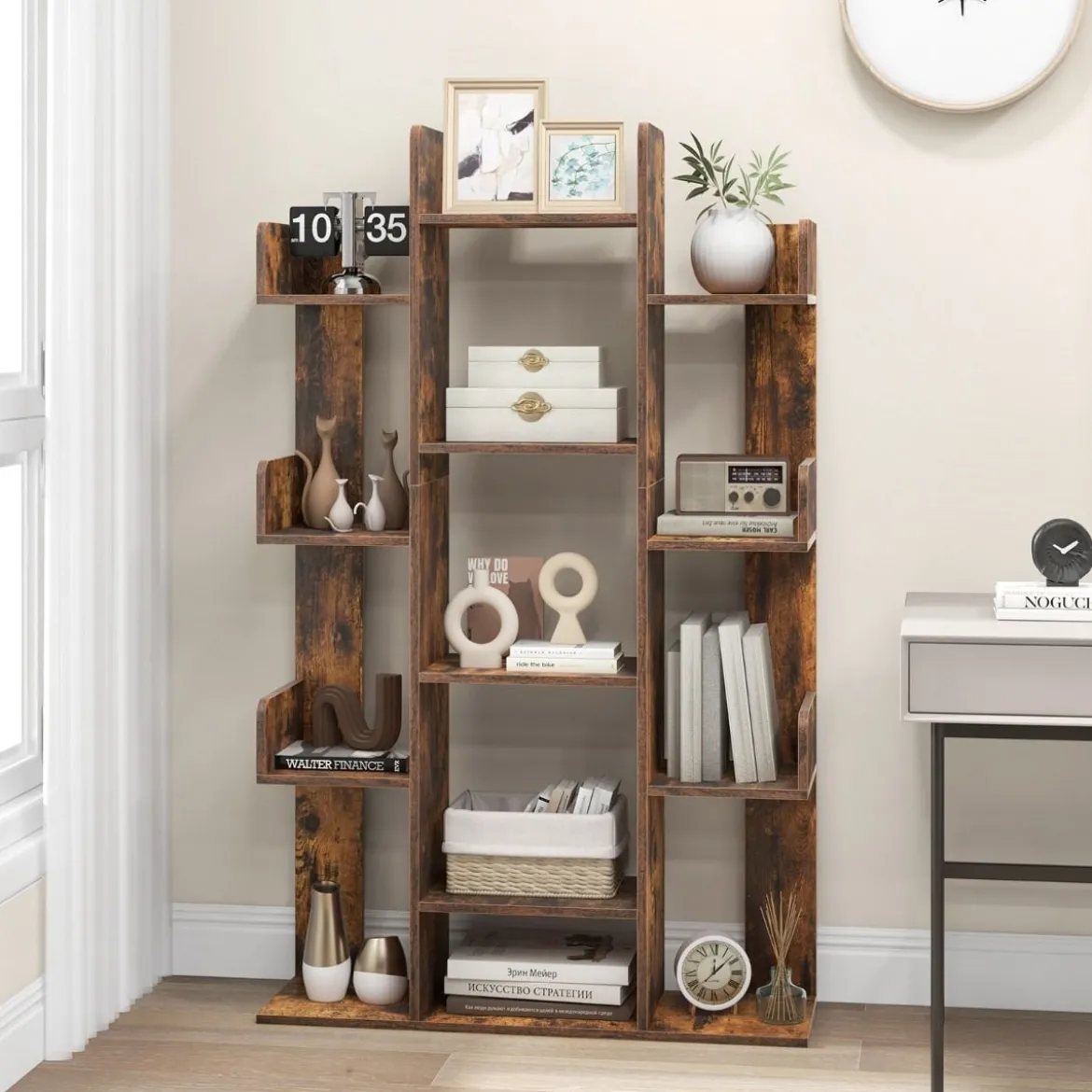 Bücherregal im Baumform Regal mit 13 offenen Fächern 86 x 24,5 x 141 cm Weiß/Braun