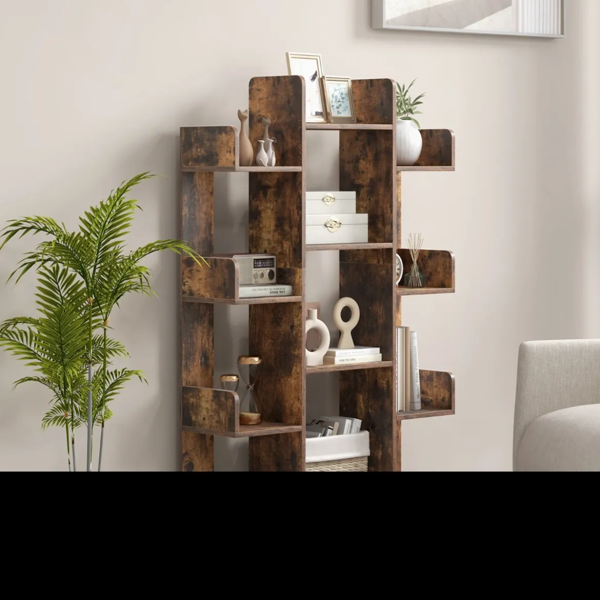 Bücherregal im Baumform Regal mit 13 offenen Fächern 86 x 24,5 x 141 cm Weiß/Braun