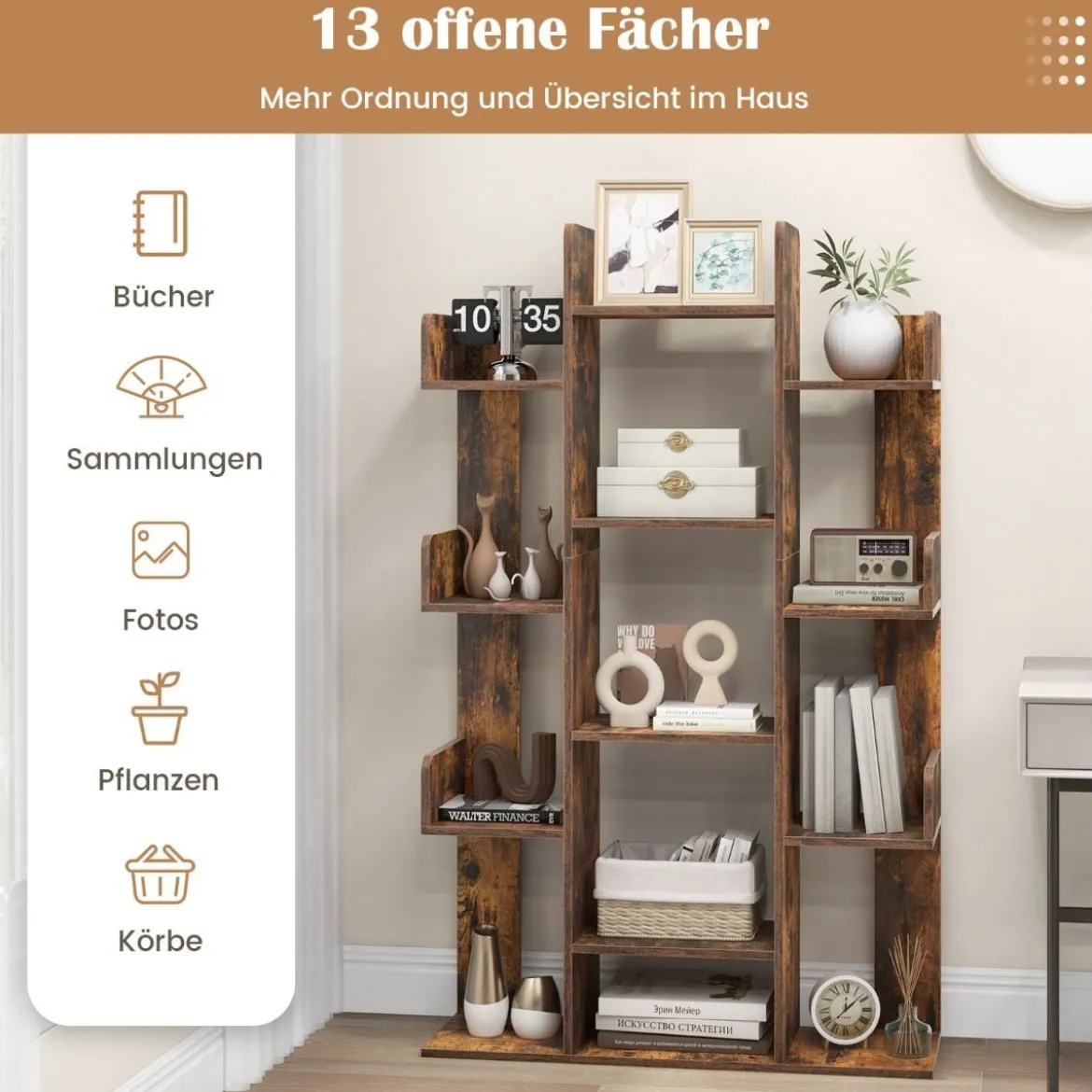 Bücherregal im Baumform Regal mit 13 offenen Fächern 86 x 24,5 x 141 cm Weiß/Braun