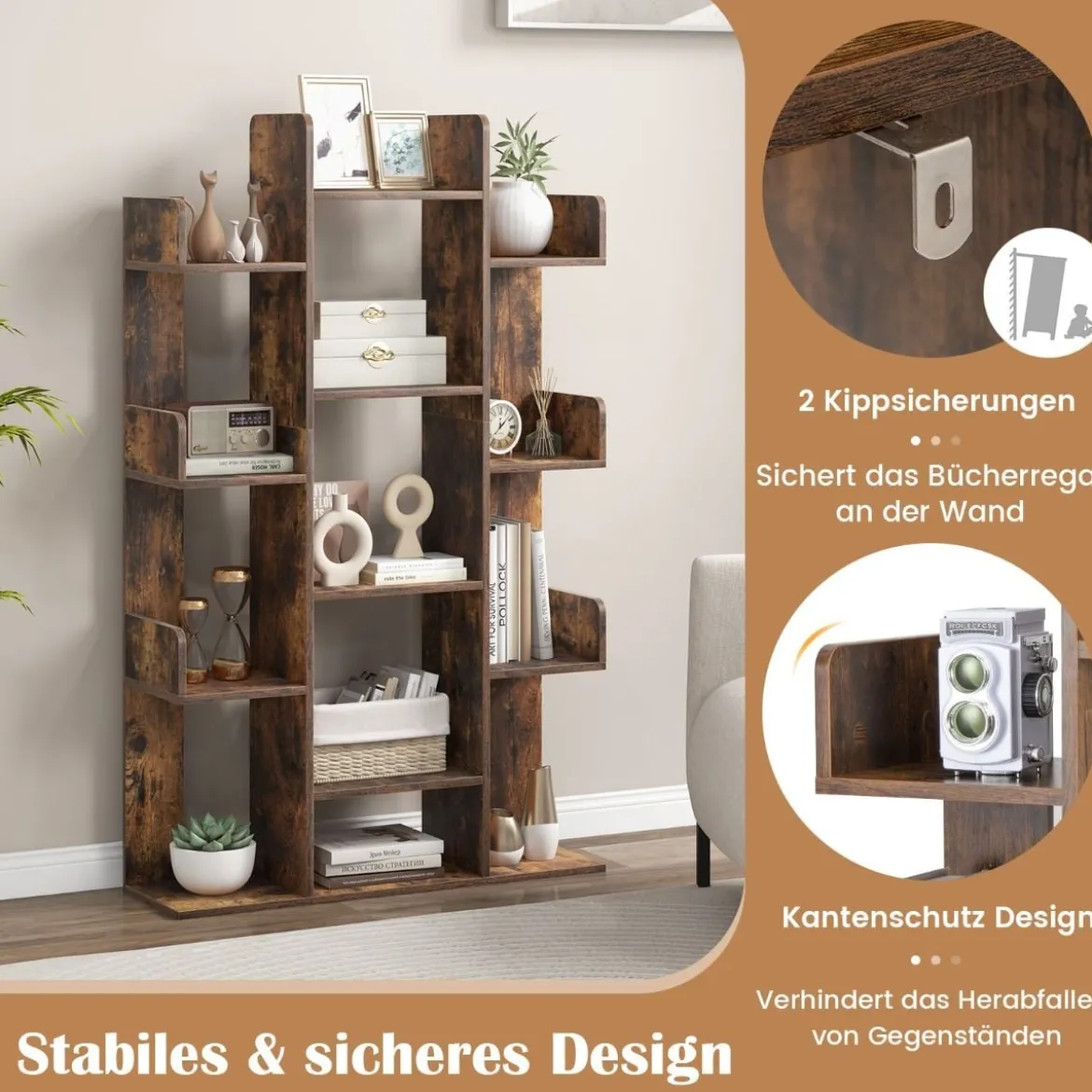 Bücherregal im Baumform Regal mit 13 offenen Fächern 86 x 24,5 x 141 cm Weiß/Braun