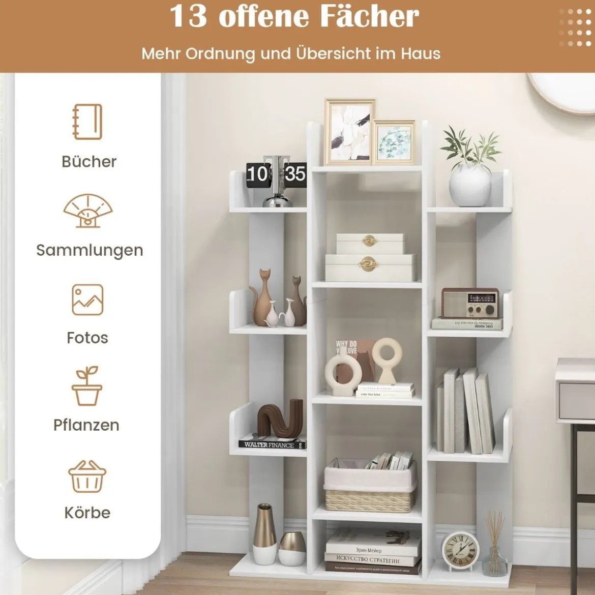 Bücherregal im Baumform Regal mit 13 offenen Fächern 86 x 24,5 x 141 cm Weiß/Braun