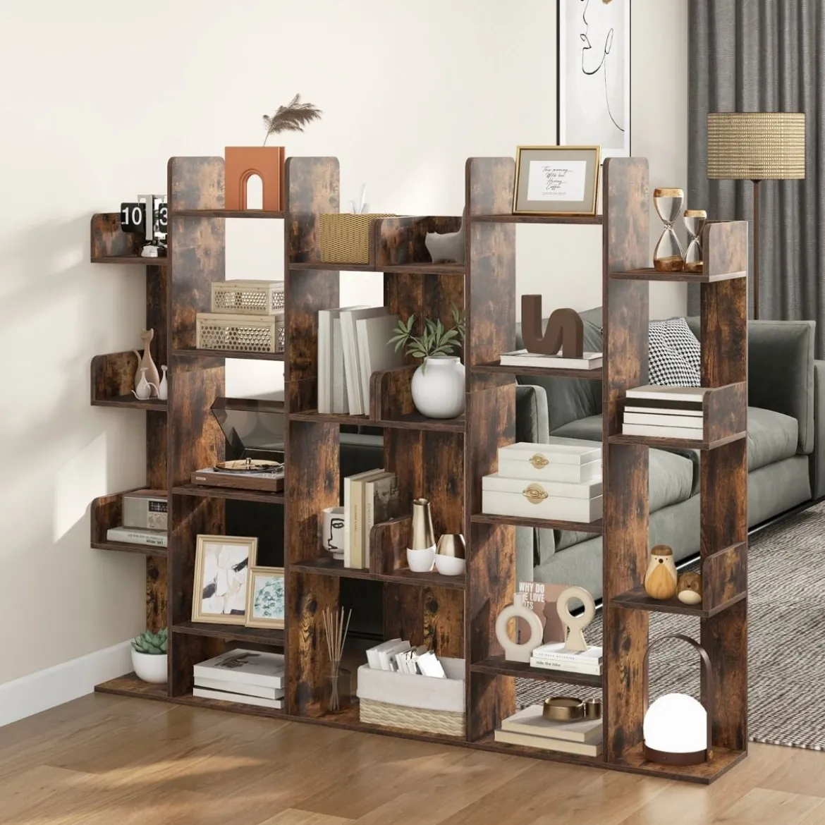 Bücherregal im Baumform Regal mit 13 offenen Fächern 86 x 24,5 x 141 cm Weiß/Braun