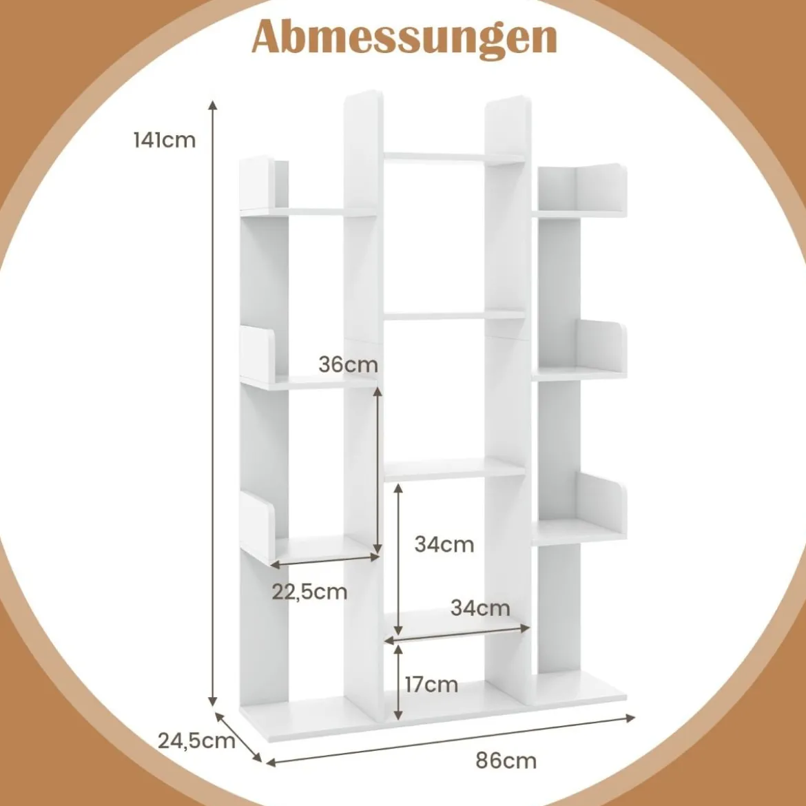 Bücherregal im Baumform Regal mit 13 offenen Fächern 86 x 24,5 x 141 cm Weiß/Braun