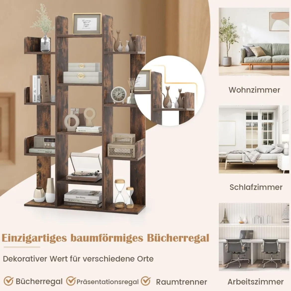 Bücherregal im Baumform Regal mit 13 offenen Fächern 86 x 24,5 x 141 cm Weiß/Braun