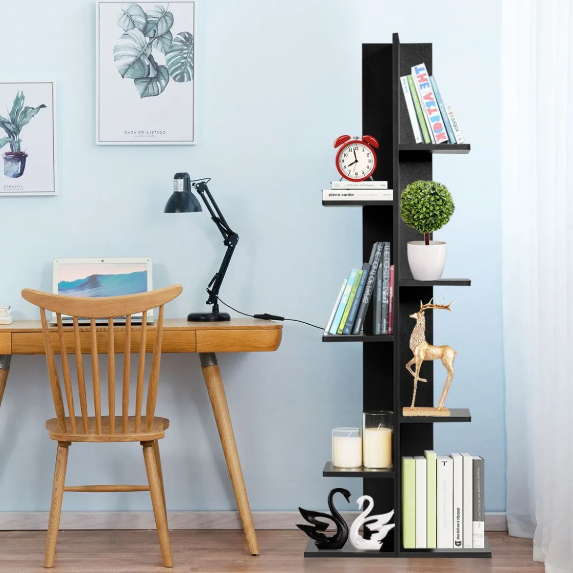 Bücherregal in Baumform mit 8 Ablagen Freistehendes Standregal Büroregal 50 x 20 x 141 cm