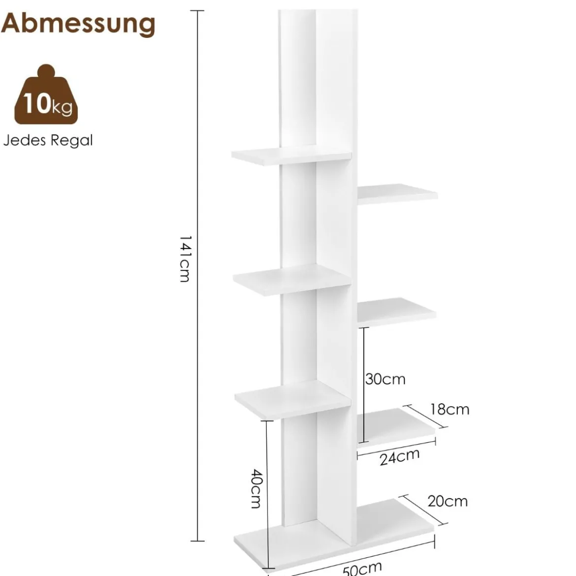 Bücherregal in Baumform mit 8 Ablagen Freistehendes Standregal Büroregal 50 x 20 x 141 cm