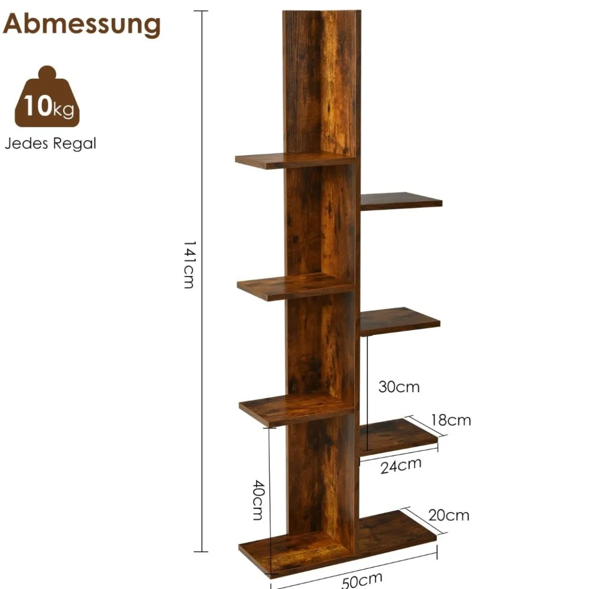Bücherregal in Baumform mit 8 Ablagen Freistehendes Standregal Büroregal 50 x 20 x 141 cm