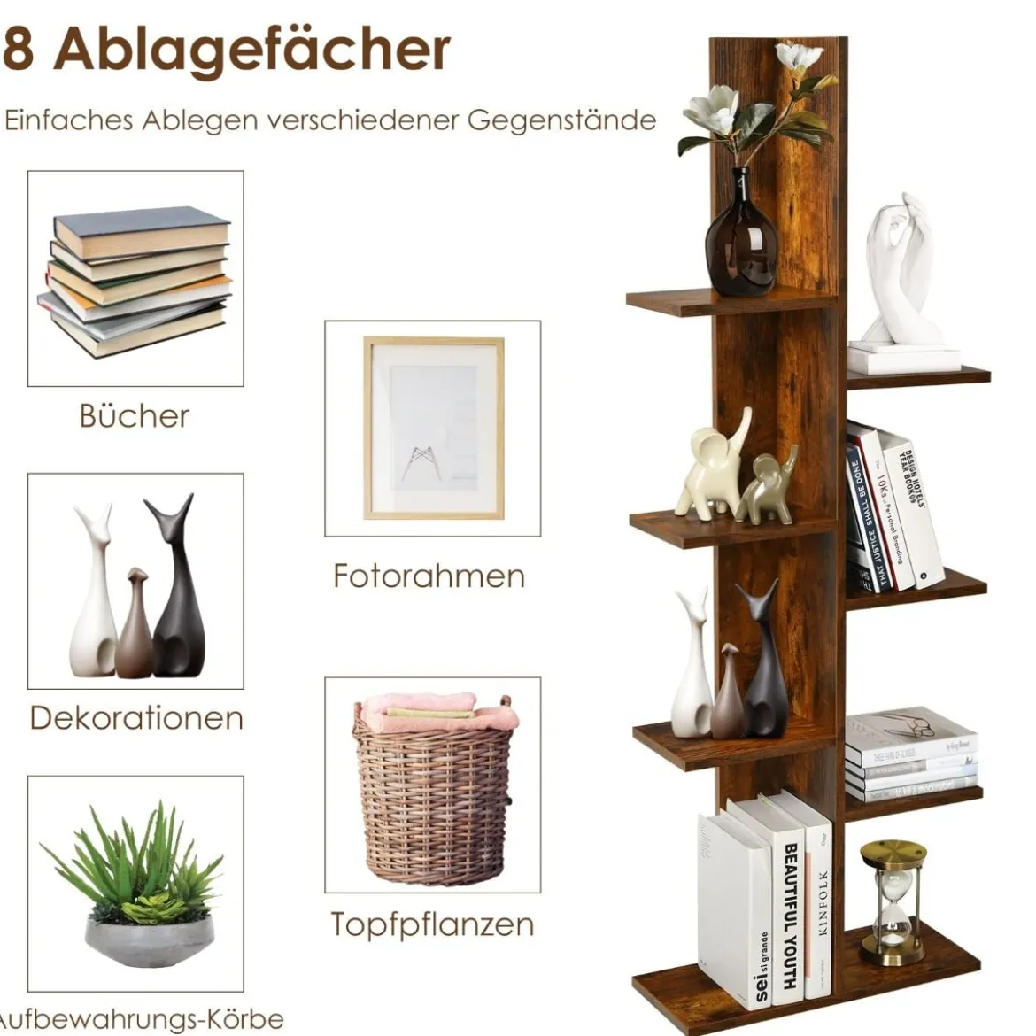 Bücherregal in Baumform mit 8 Ablagen Freistehendes Standregal Büroregal 50 x 20 x 141 cm