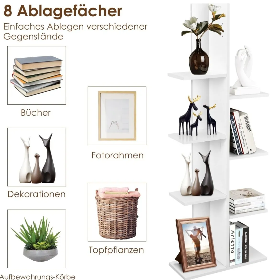Bücherregal in Baumform mit 8 Ablagen Freistehendes Standregal Büroregal 50 x 20 x 141 cm