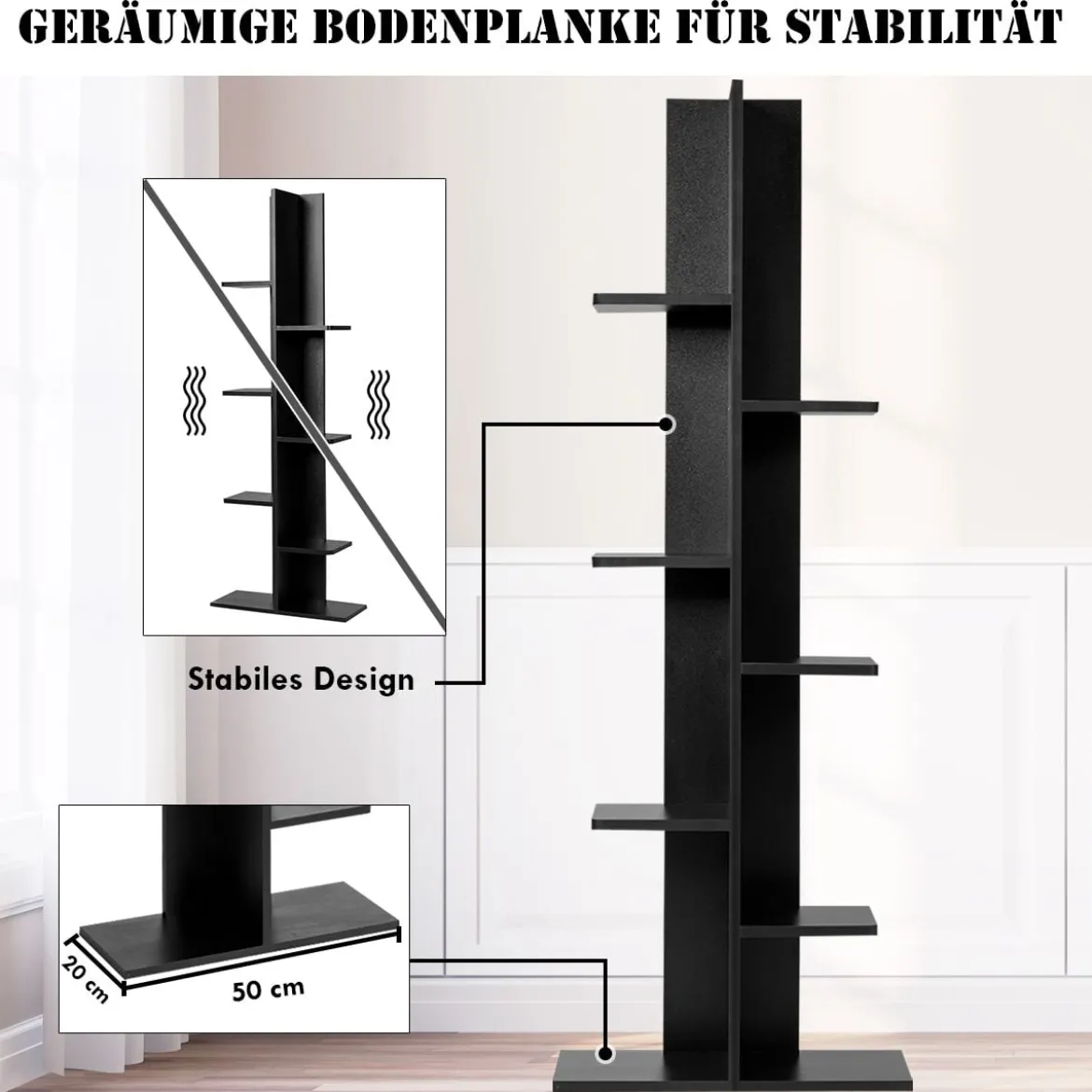 Bücherregal in Baumform mit 8 Ablagen Freistehendes Standregal Büroregal 50 x 20 x 141 cm