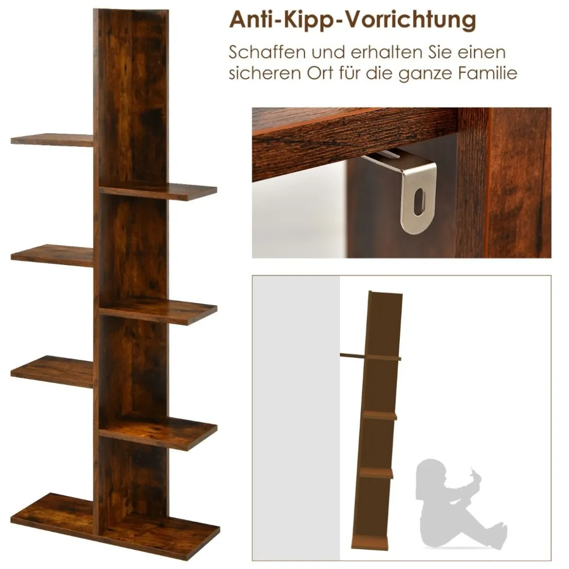 Bücherregal in Baumform mit 8 Ablagen Freistehendes Standregal Büroregal 50 x 20 x 141 cm