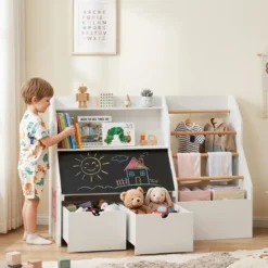 Bücherregal Kinder 2 in 1 Kinderregal mit 5 Kleiderstangen & Tafel 104 x 40 x 70 cm Weiß
