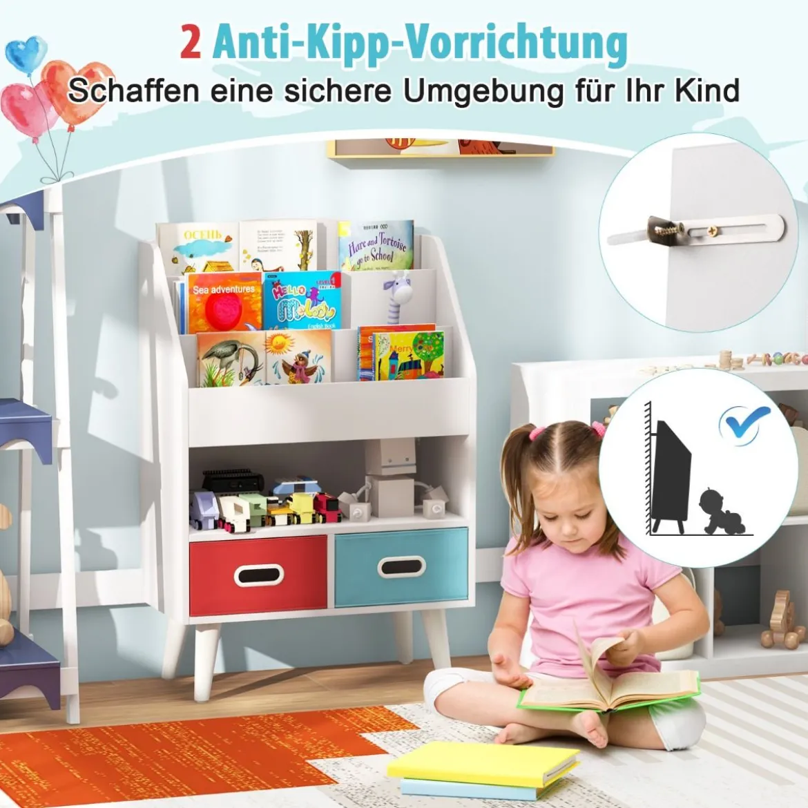 Bücherregal Kinder Kinderregal mit 3 Ablagen & offenem Fach & 2 Stoffschubladen Grau/Weiß