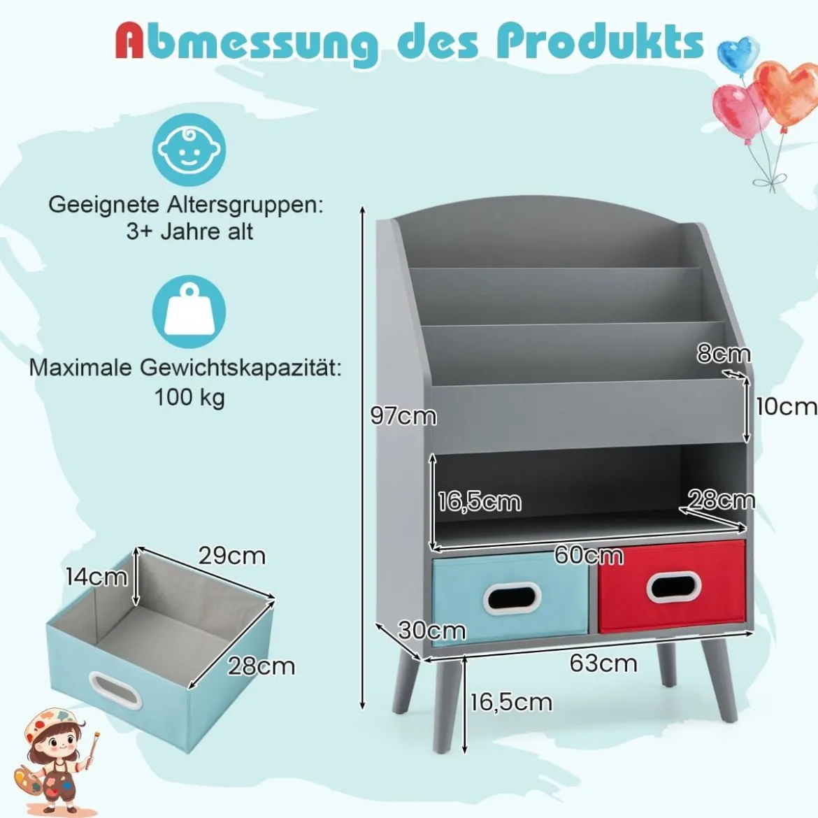 Bücherregal Kinder Kinderregal mit 3 Ablagen & offenem Fach & 2 Stoffschubladen Grau/Weiß