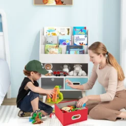 Bücherregal Kinder Kinderregal mit 3 Ablagen & offenem Fach & 2 Stoffschubladen Grau/Weiß